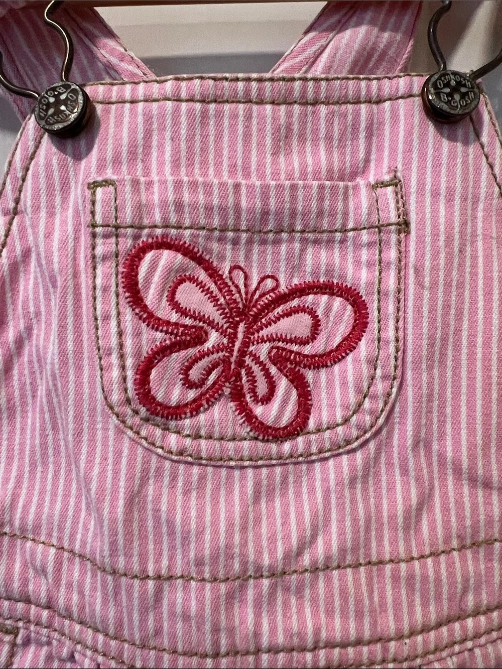 Vintage OshKosh B'gosh Pink Striped Butterfly Embroidered Overalls